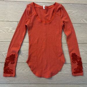 Free people thermal knit embroidered long sleeved top orange size small